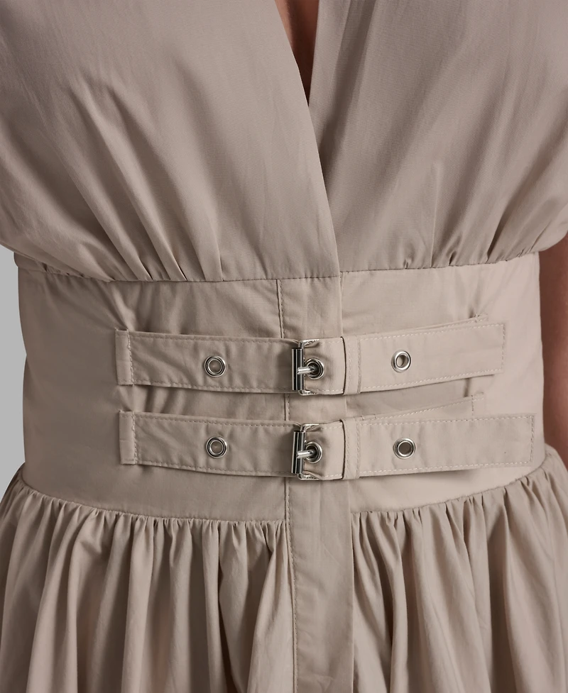 Dkny Jeans Women's Poplin Smocked-Waist V-Neck Midi Dress