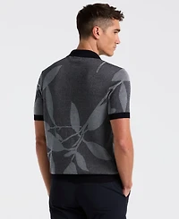 Perry Ellis Men's Short-Sleeve Leaf Patterned Open Polo Collar Sweater