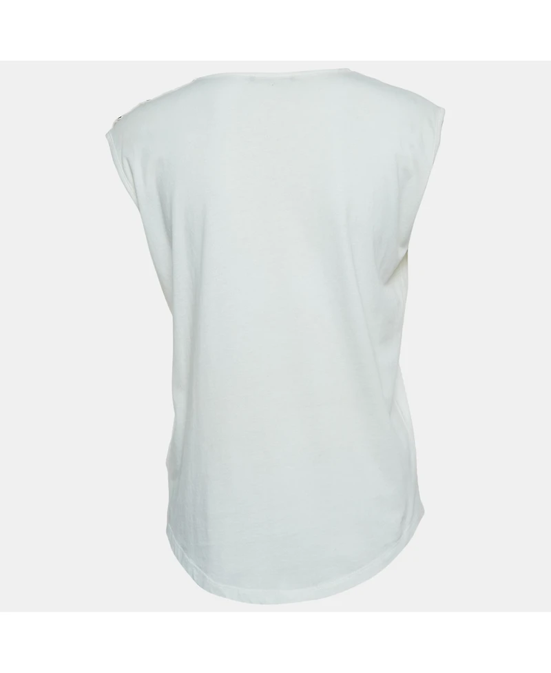 Pre-Owned Balmain Women's White Logo Print Distressed Cotton Button Detailed Tank Top