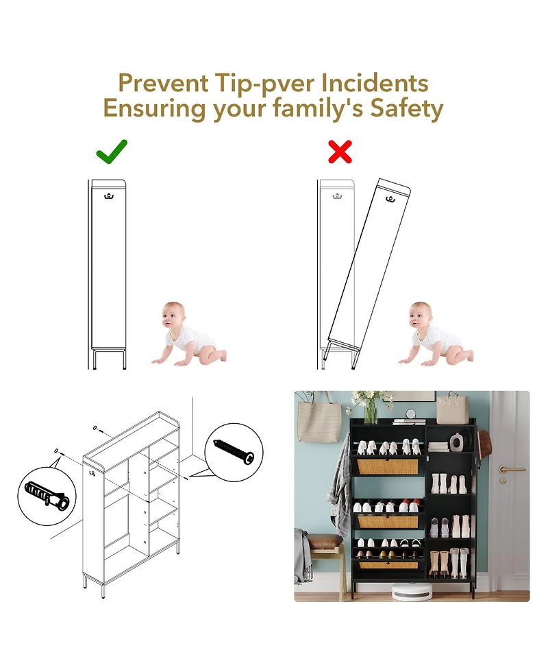 gaomon Rattan Shoe Storage Cabinet with 3 Flip Drawers, Freestanding Organizer with Adjustable Shelves