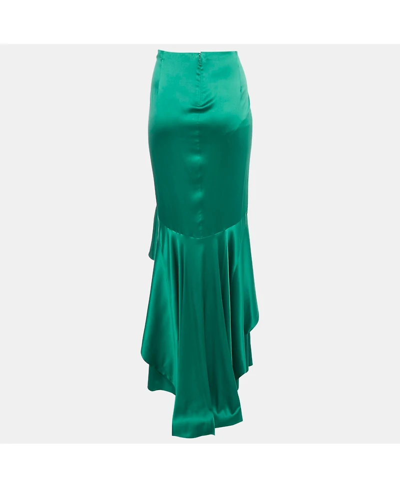 Pre-Owned Roberto Cavalli Women's Green Satin Ruffled High-Low Maxi Skirt