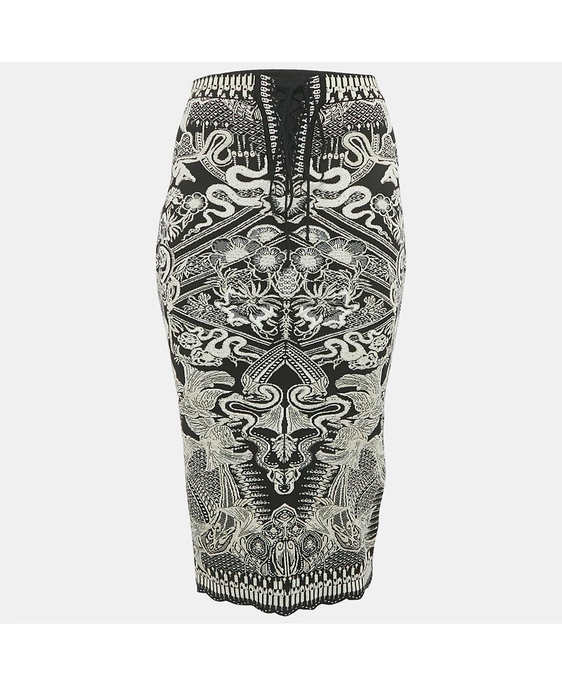 Pre-Owned Roberto Cavalli Women's Black Lurex Jacquard Lace-Up Pencil Skirt