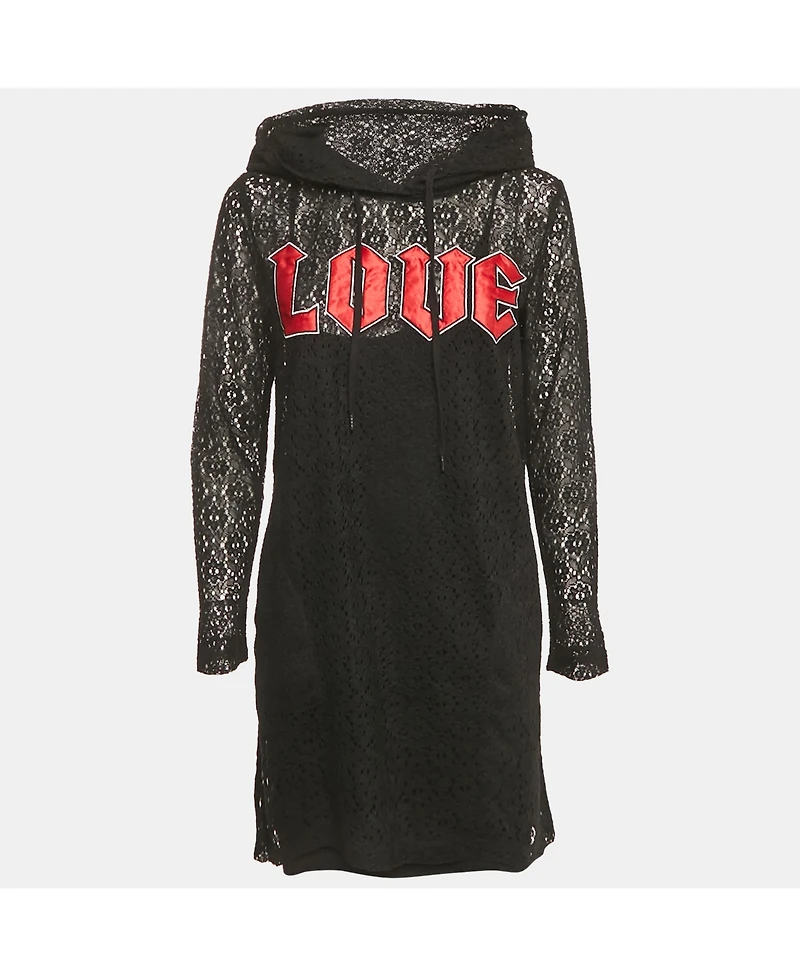 Pre-Owned Love Moschino Women's Pre-Owned Love Mocshino Black Love Applique Mesh Hooded Dress
