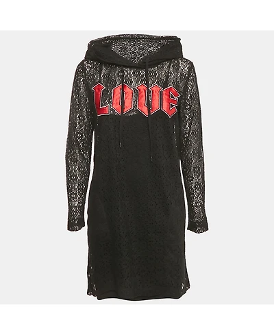 Pre-Owned Love Moschino Women's Pre-Owned Love Mocshino Black Love Applique Mesh Hooded Dress