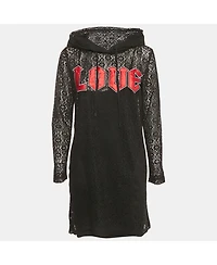 Pre-Owned Love Moschino Women's Pre-Owned Love Mocshino Black Love Applique Mesh Hooded Dress