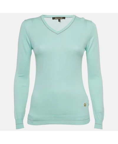 Pre-Owned Roberto Cavalli Women's Blue Cotton Knit V-Neck Sweater