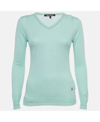 Pre-Owned Roberto Cavalli Women's Blue Cotton Knit V-Neck Sweater
