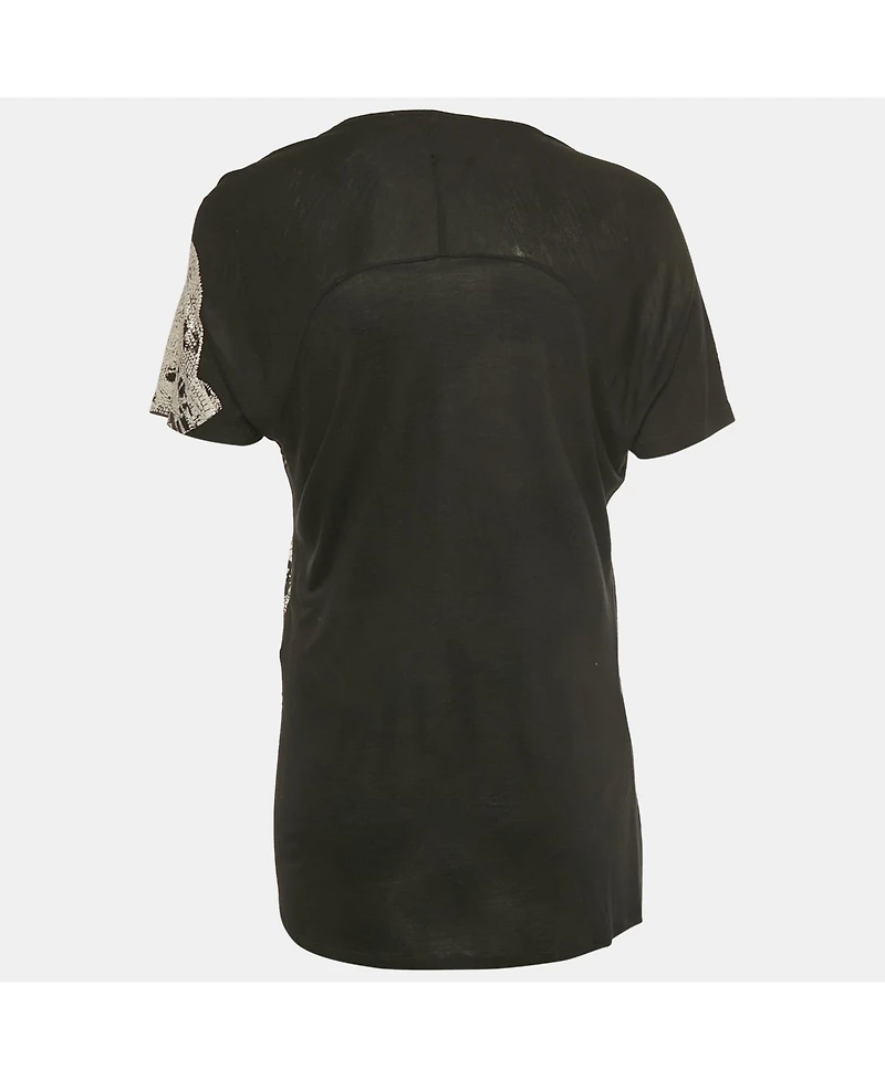 Pre-Owned Roberto Cavalli Women's Black Printed Stud Detail Jersey T-Shirt