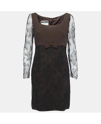 Pre-Owned Moschino Women's Couture Black & Brown Crepe Mini Dress with Lace Bow Detail