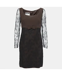 Pre-Owned Moschino Women's Couture Black & Brown Crepe Mini Dress with Lace Bow Detail