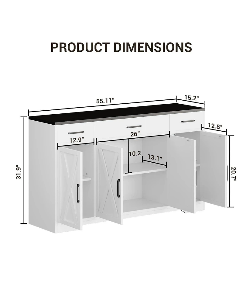 gaomon 4 Doors Modern Farmhouse Buffet Cabinet with Storage, Kitchen Cabinet Drawer and Adjustable Shelf
