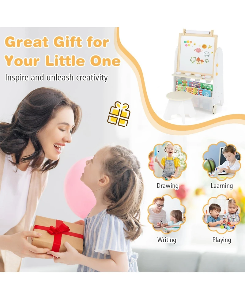 Hongge 4 In 1 Kids Art Easel With Adjustable Height Whiteboard Blackboard And Study Table