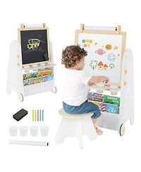Hongge 4 In 1 Kids Art Easel With Adjustable Height Whiteboard Blackboard And Study Table