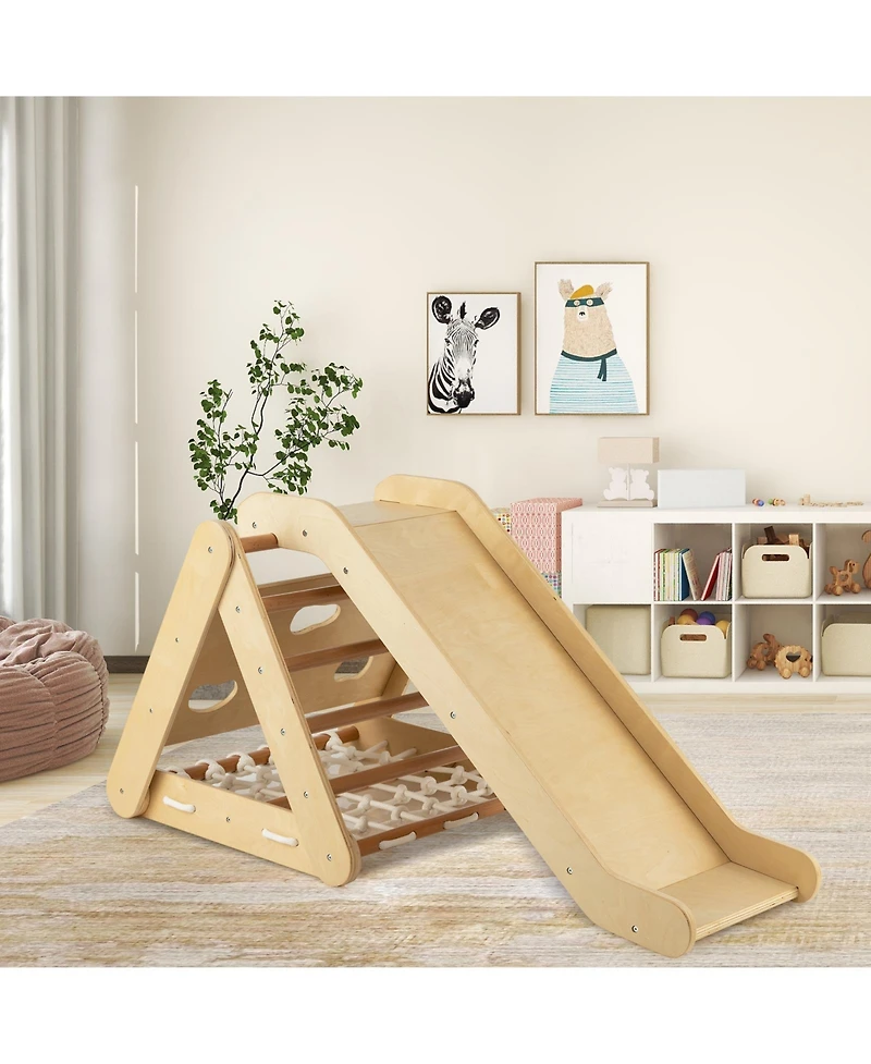 Skonyon 4 in 1 Triangle Climber Toy with Sliding Board and Climbing Net-Natural