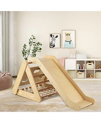 Skonyon 4 in 1 Triangle Climber Toy with Sliding Board and Climbing Net-Natural