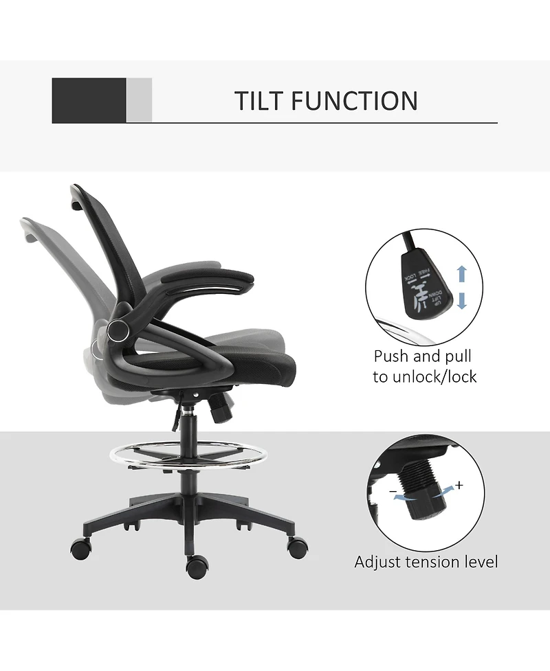 Vinsetto Mesh Drafting Chair with Flip-Up Armrests and Swivel Wheels,