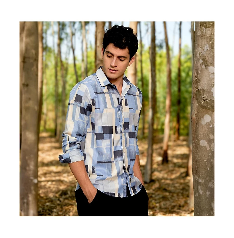 Campus Sutra Men's Powder Blue & Pale Yellow Cubic-Overlap Shirt