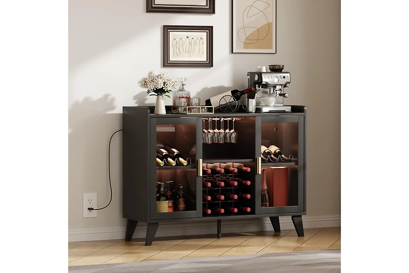 gaomon Farmhouse Wine Bar Cabinet With Led Lights, Home Coffee Bar Cabinet With Wine Racks and Glass Holders