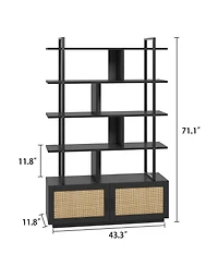 Gaomon 5 Tier Rattan Bookshelf with Storage Cabinet & Door, 5 Shelf Bookcase with Metal Frame for Living Room, Bedroom