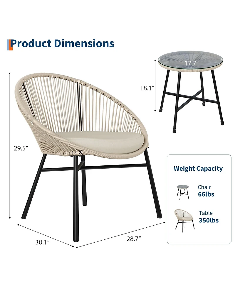 Gaomon 3 Pieces Patio Bistro Set Outdoor Acapulco Chair with Glass Top Coffee Table, Wicker Furniture Sets
