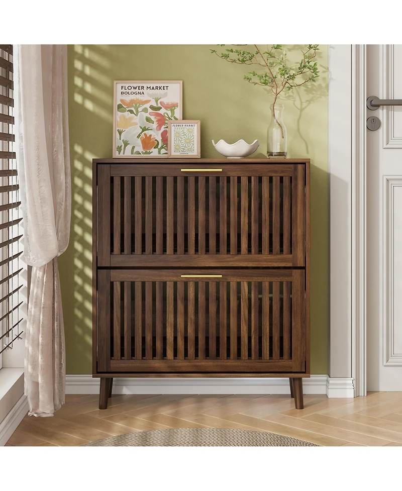 Casainc Medieval Modern Walnut Shoe Storage Cabinet With 2 Flip Drawers and Fence Design