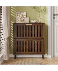 Casainc Medieval Modern Walnut Shoe Storage Cabinet With 2 Flip Drawers and Fence Design