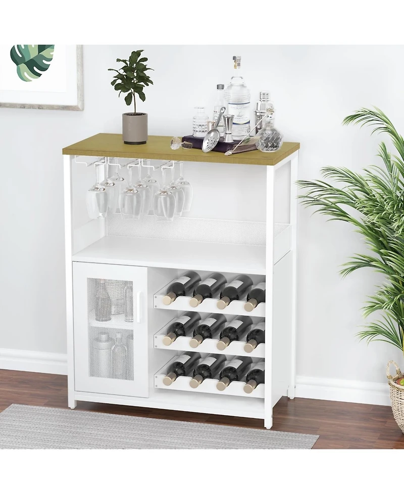 Gaomon Wine Bar Cabinet with Drawer, Shelves, Glass Holder, and Mesh Door, Small Sideboard for Liquor and Glasses