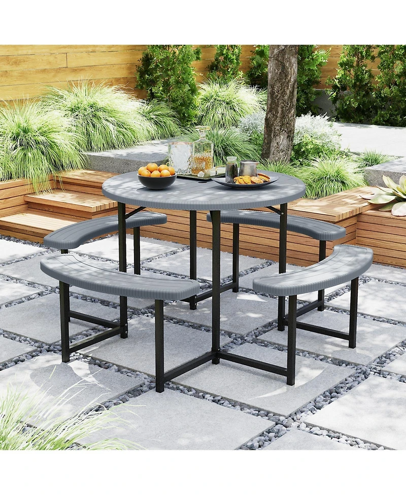 Slickblue Round Picnic Table Set with 4 Benches and Umbrella Hole