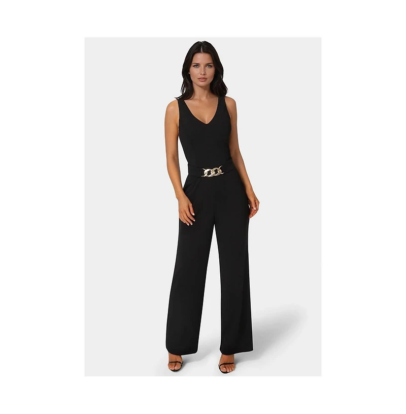 Bebe Women's Scuba Crepe V-Neck Jumpsuit with Belt
