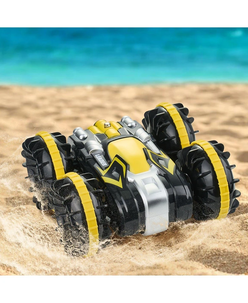 Mecale Amphibious Rc Car Boat, 2.4GHz 12 km/h 4WD Waterproof Car, 360° Rotating Stunt Vehicle with 2 Batteries, Toy for Kids 6+