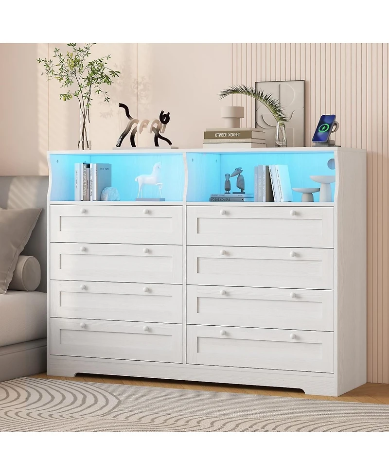 Gaomon 8 Drawers Wooden Dressers with Led Lights and Power Outlet for Bedroom