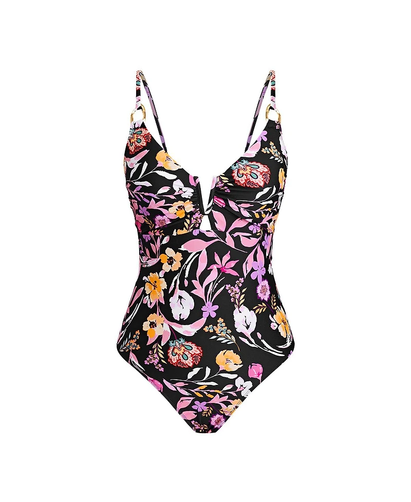 Cupshe Women's Floral Print One Piece Swimsuit Deep V Neck with Lace Up Back Adjustable Straps