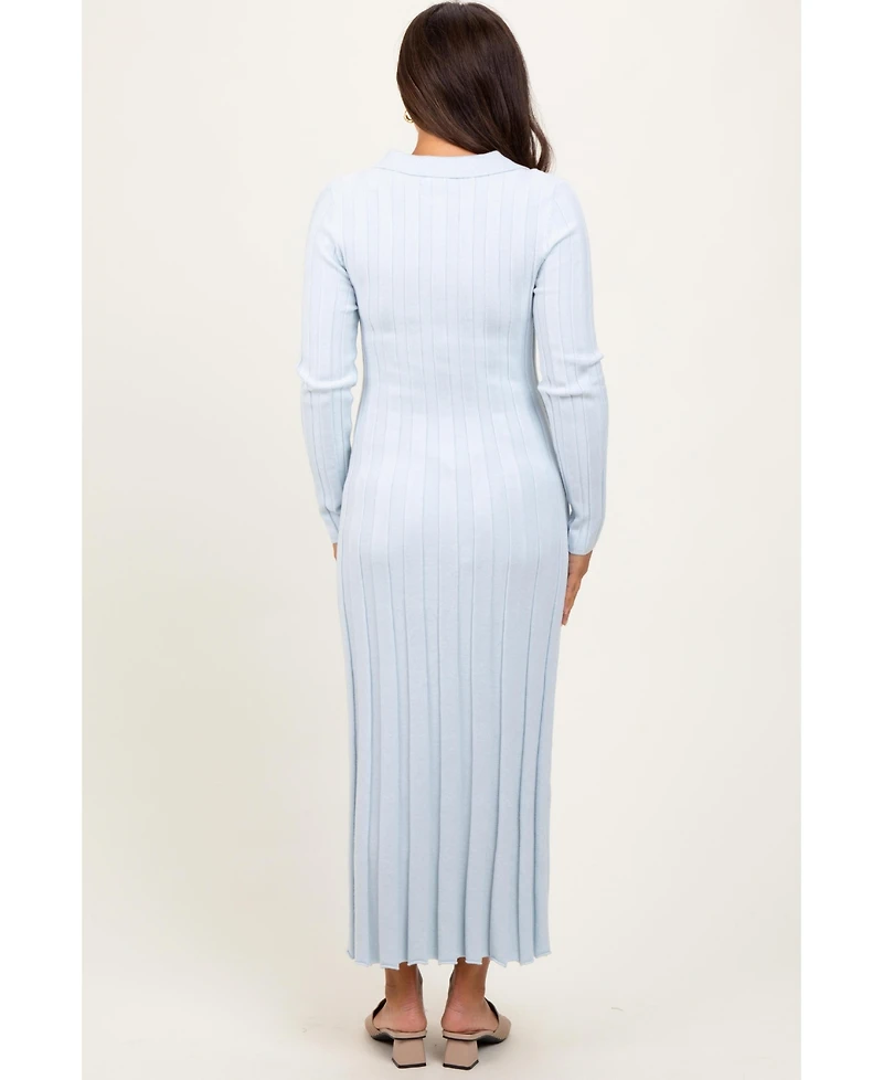 Pinkblush Maternity Light Blue Wide Ribbed Knit Collared Midi Dress