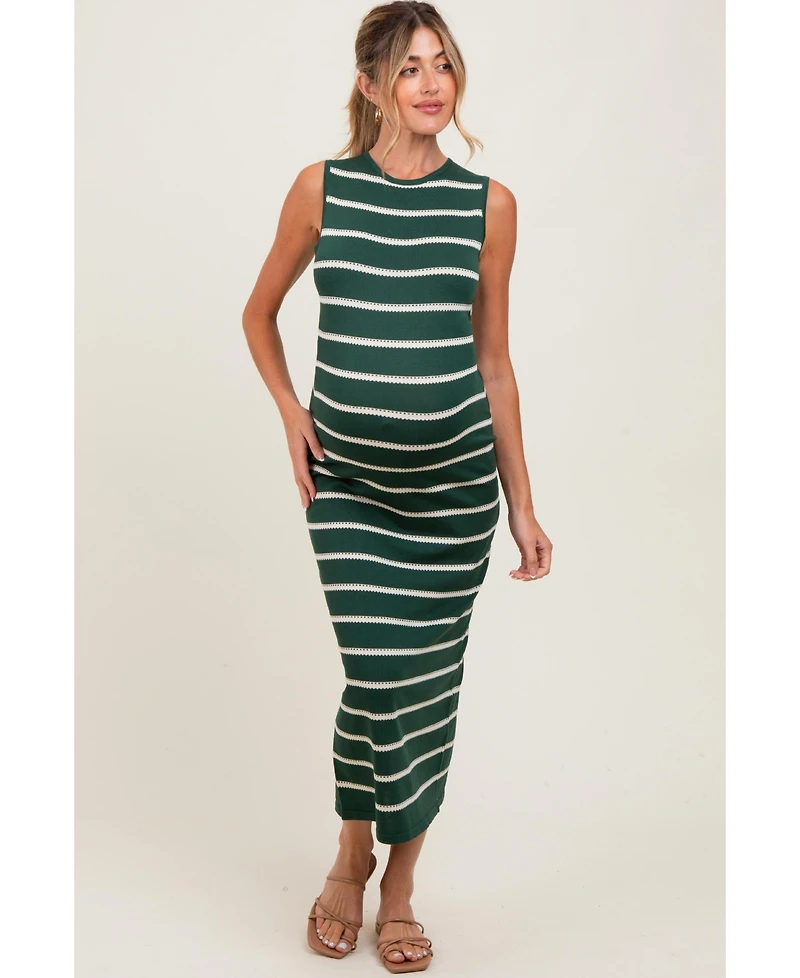Pinkblush Maternity Forest Green Striped Sleeveless Knit Midi Dress