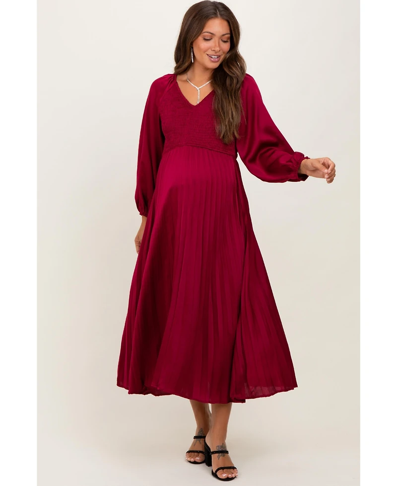 Pinkblush Maternity Burgundy Satin Smocked Pleated Midi Dress