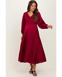 Pinkblush Maternity Burgundy Satin Smocked Pleated Midi Dress