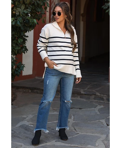 Pinkblush Maternity Ivory Striped Half Zip Sweater