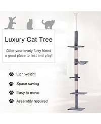PawHut 8.5' Adjustable Floor-To-Ceiling Cat Tree w/ 5 Carpet Platforms,