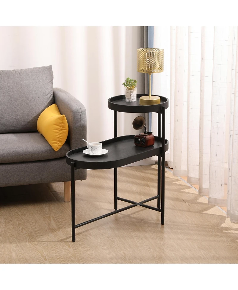 sumyeg Black 2-Tier Side Table with Metal Frame and Wooden Storage