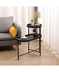 sumyeg Black 2-Tier Side Table with Metal Frame and Wooden Storage