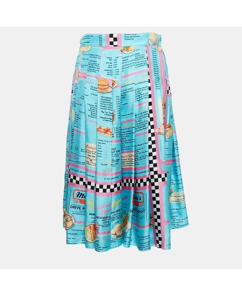 Pre-Owned Moschino Women's Couture Blue Drive In Menu Print Silk Pleated Midi Skirt