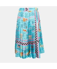 Pre-Owned Moschino Women's Couture Blue Drive In Menu Print Silk Pleated Midi Skirt