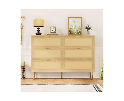 Natural Rattan 6 Drawer Dresser for Bedroom