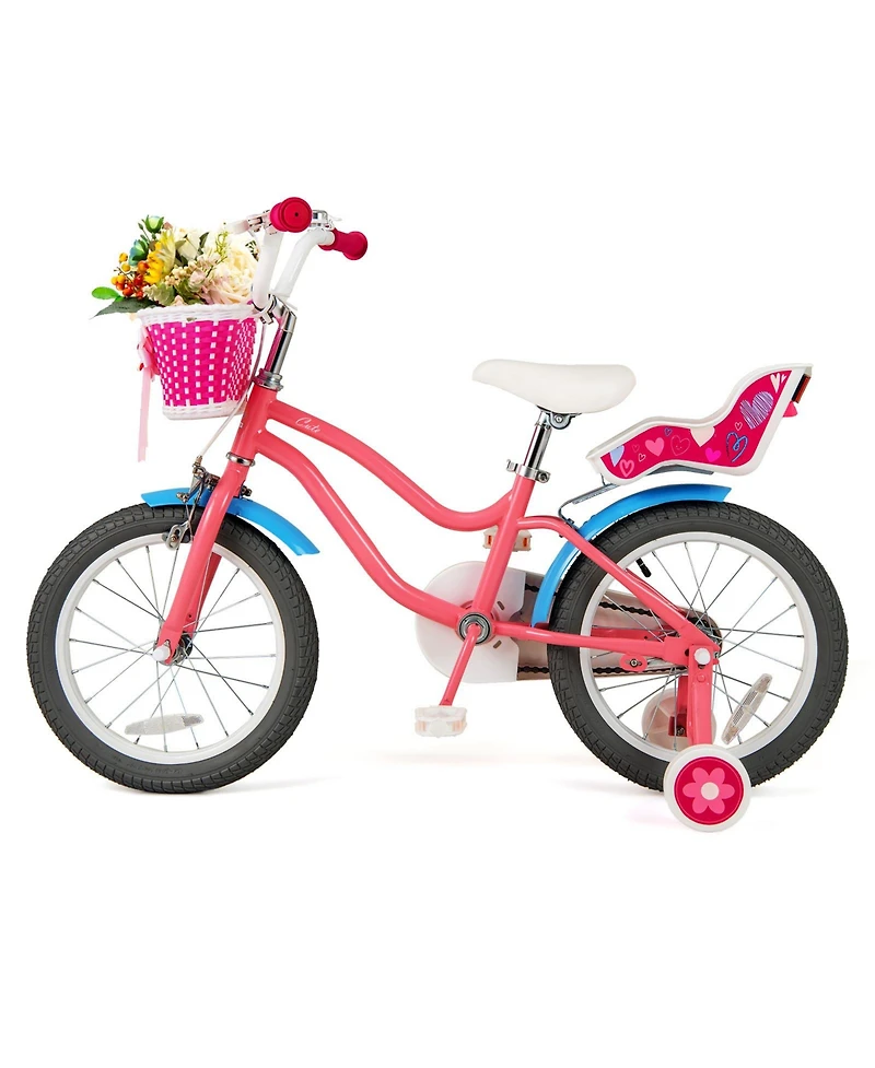 Hongge 16-Inch Girls Bike with Training Wheels, Basket, and Adjustable Seat - Pink