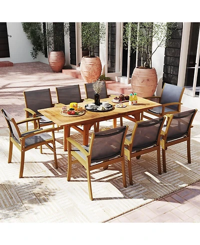 Costway 9 Pcs Acacia Wood Outdoor Dining Set for 6-8 with 1.97" Umbrella Hole