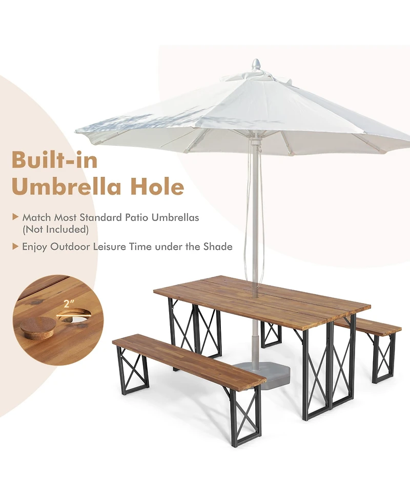 Costway 3 Pcs Outdoor Acacia Wood Patio Dining Table Bench Set with 2'' Umbrella Hole
