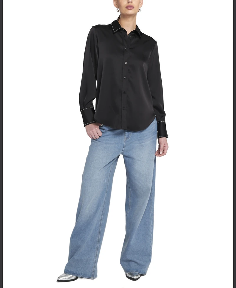 Elle Collection Women's Sparkle Trim Satin Shirt Button Down Top