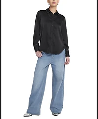 Elle Collection Women's Sparkle Trim Satin Shirt Button Down Top