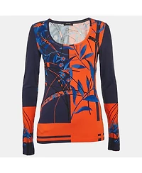 Pre-Owned Versace Women's Blue/orange Printed Jersey Long Sleeve T-Shirt