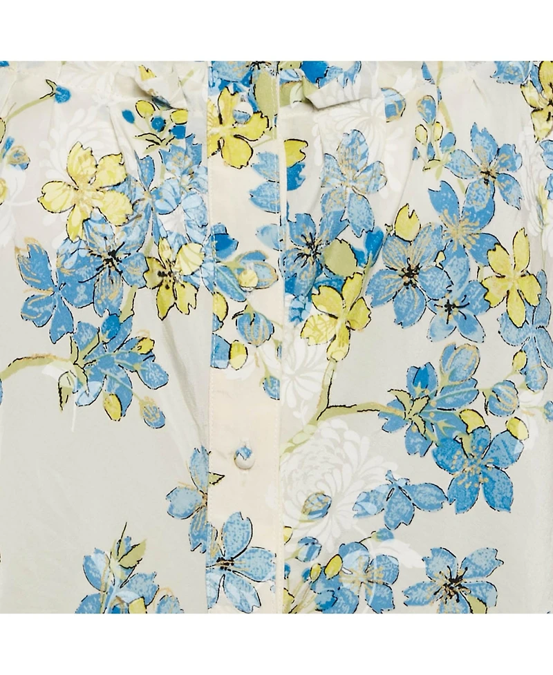 Pre-Owned Roberto Cavalli Women's White/blue Floral Print Silk Ruffled Blouse